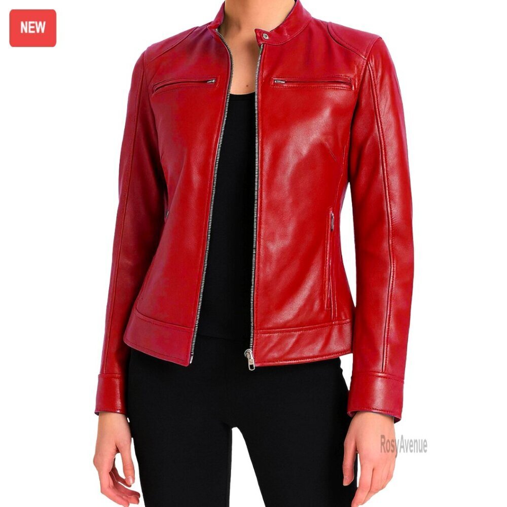 Real Lambskin Leather Jacket Cafe Racer Style Motorcycle Jacket
